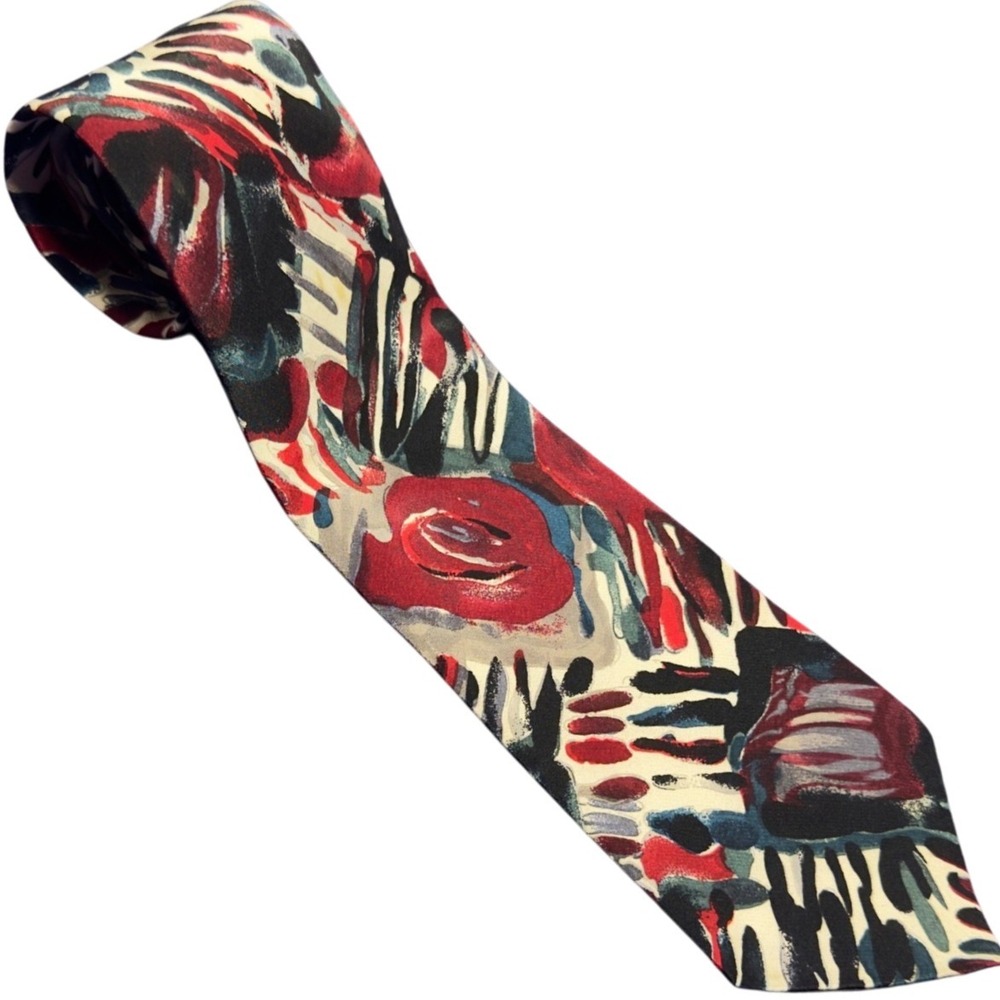 Cellini Collection‎ Men's Silk Tie Abstract Floral Red Blue Black White Neckwear